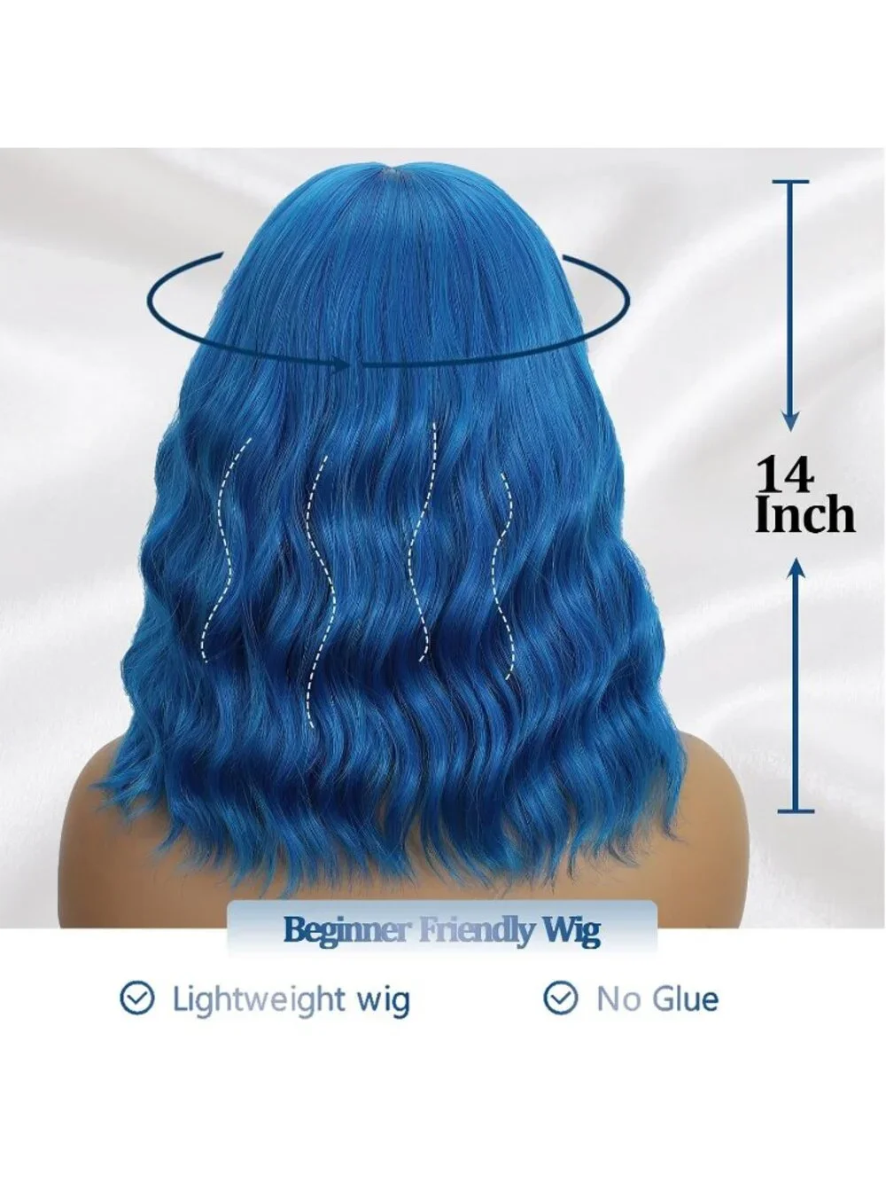 Women's Dark Blue 14 Inch Heat Resistant Synthetic Short Wavy Bob Wigs Bangs